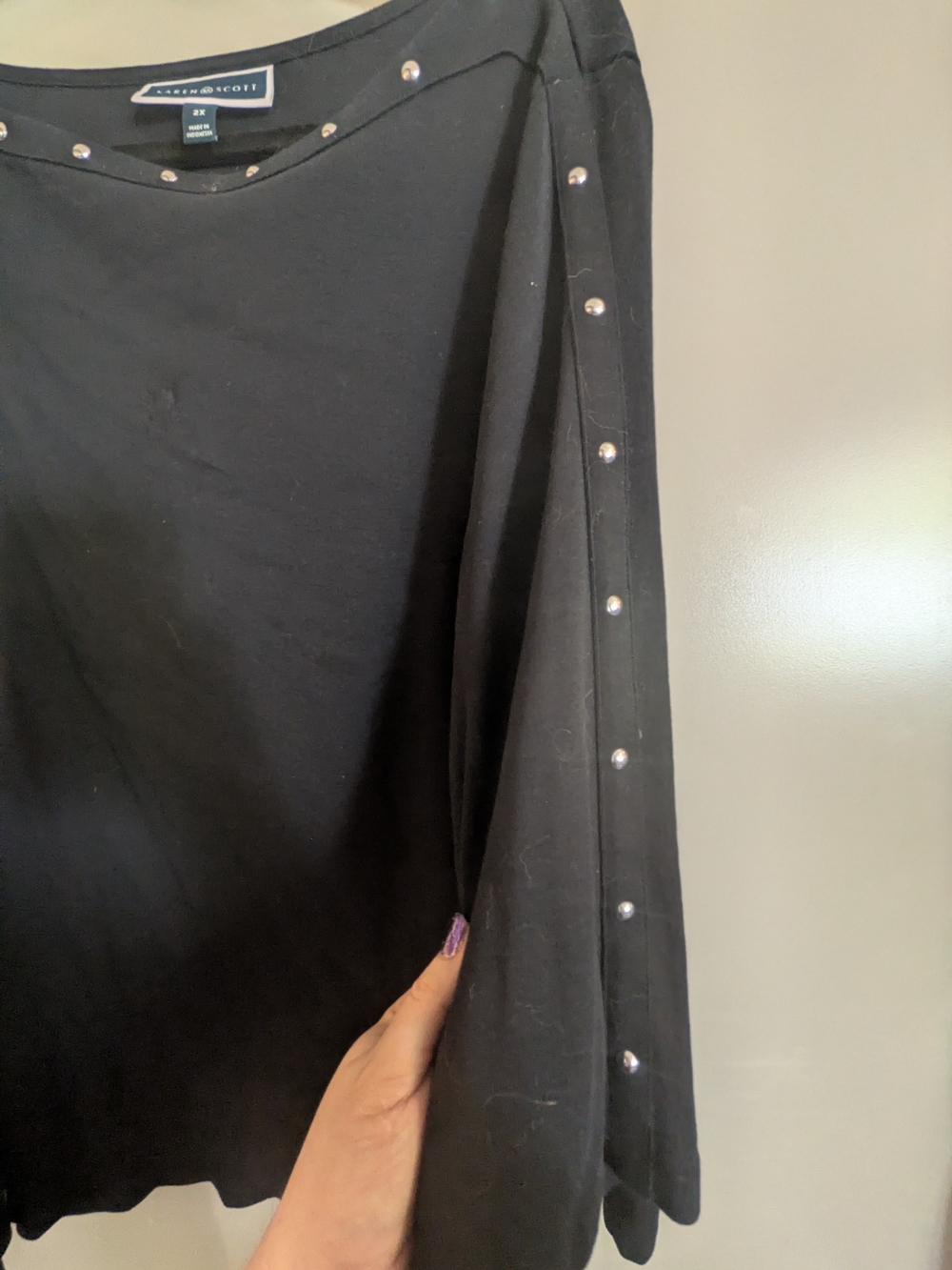 Karen Scott Black Long Sleeve Boatneck Top with Silver Studs 3/4 Serlves 2x